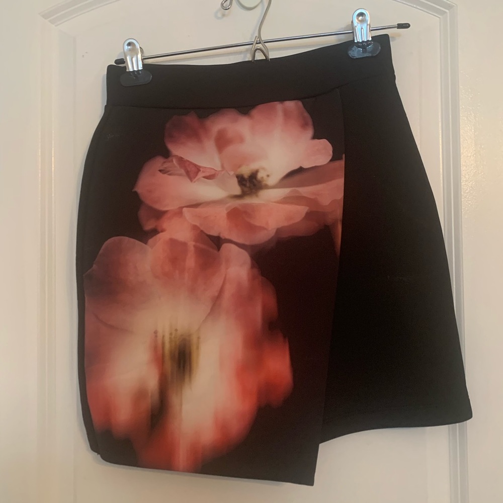 Topshop Black Faux Wrap Neoprene Flower Mini Skirt